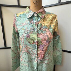Vintage MissLook Linen All Over Map Print Novelty Button Down LS Shirt - Men's S
